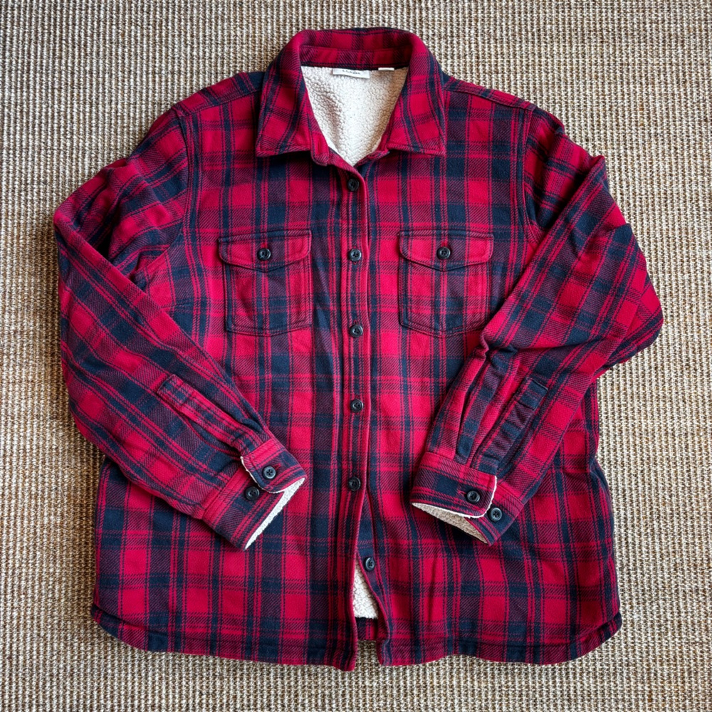 🧡 LL Bean Sherpa Lined Flannel Shirt Jacket | Size L | Red Navy Plaid